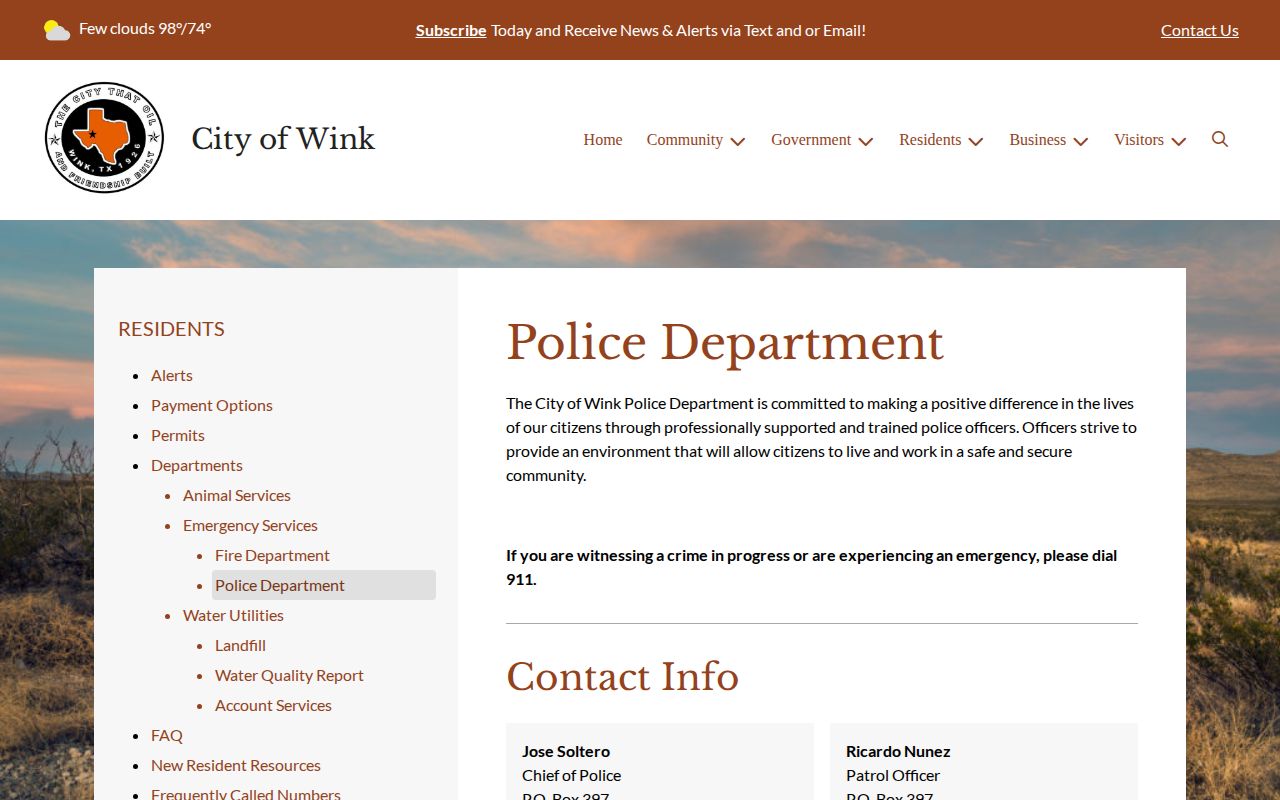 City of Wink Police Department contact page for Wink arrest-record requests