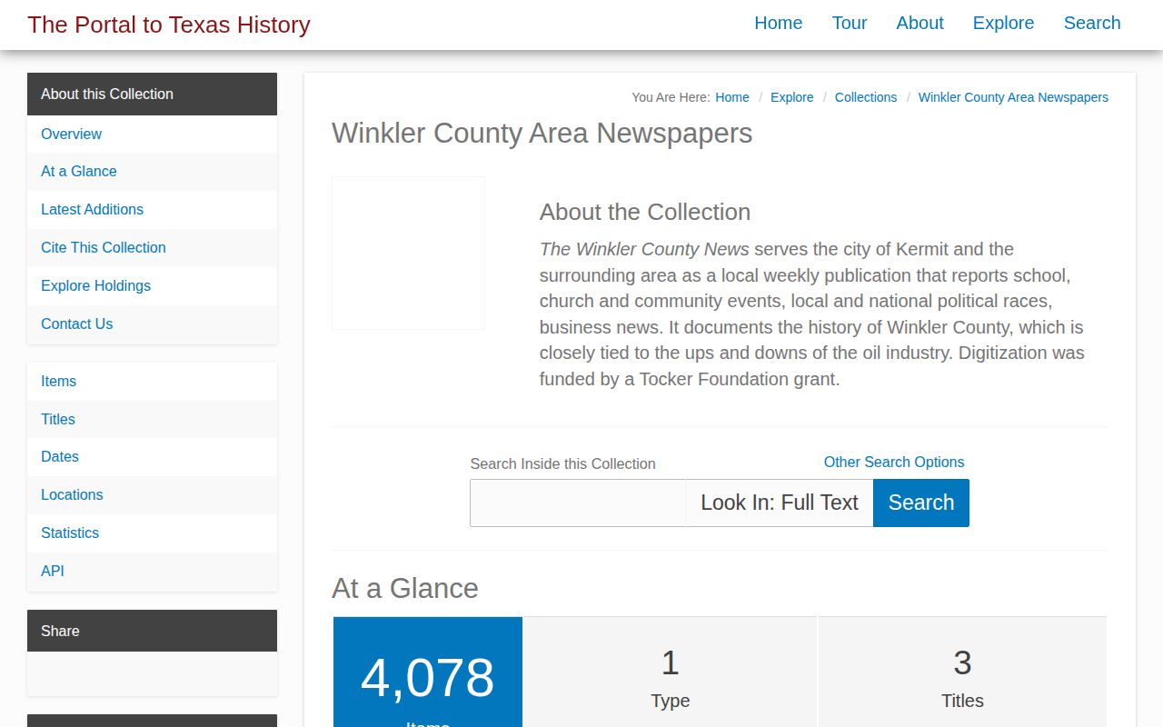 Winkler County historical news archive search page